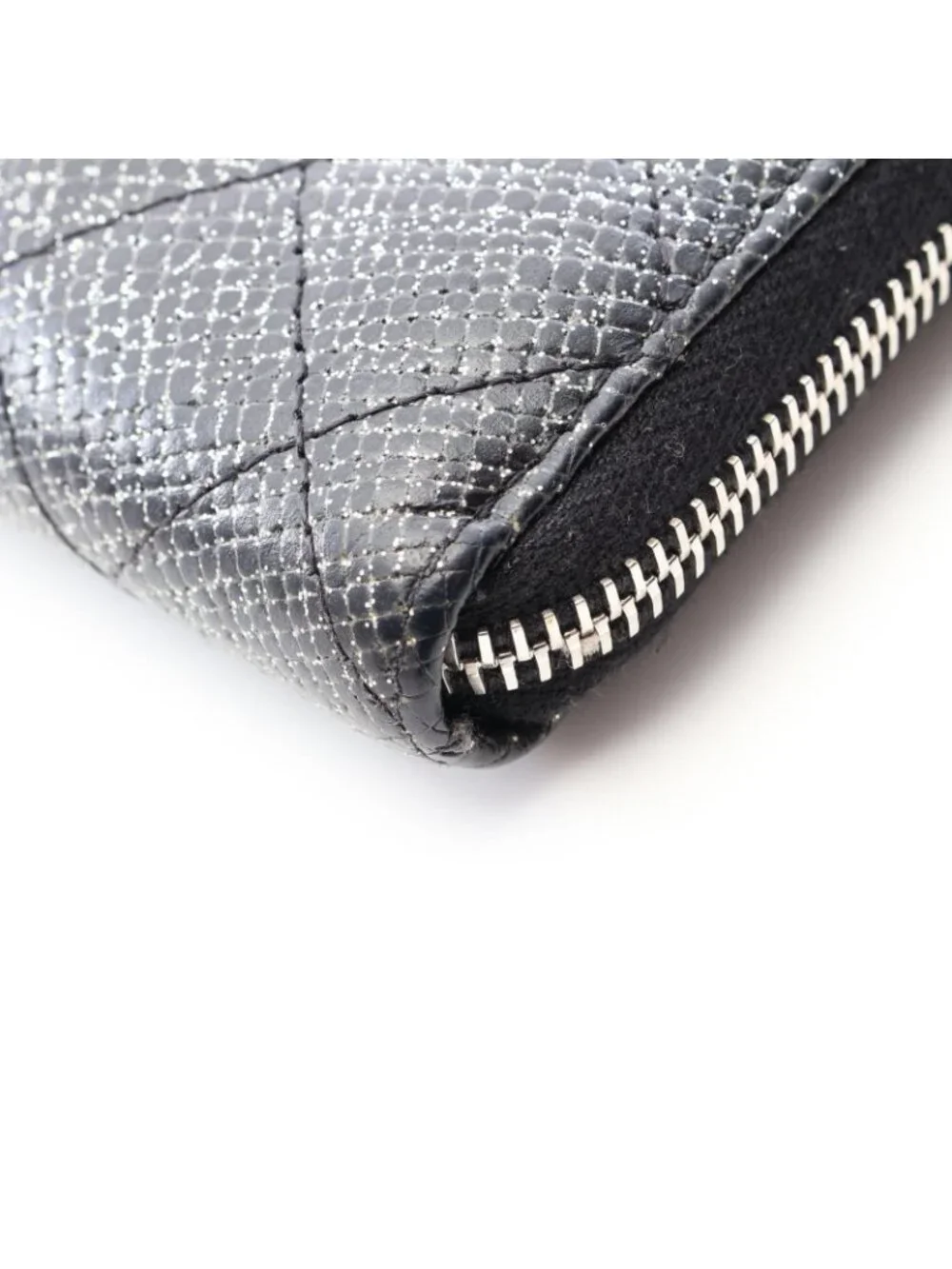 Chanel Round Wallet Quilted Lame Black Caviar Leather
